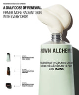 Grown Alchemist Regenerating Hand Cream in a pale mint green squeeze tube with a large dollop of thick off-white cream on top, shown on a white background with product callout graphics and text describing a daily dose of renewal.