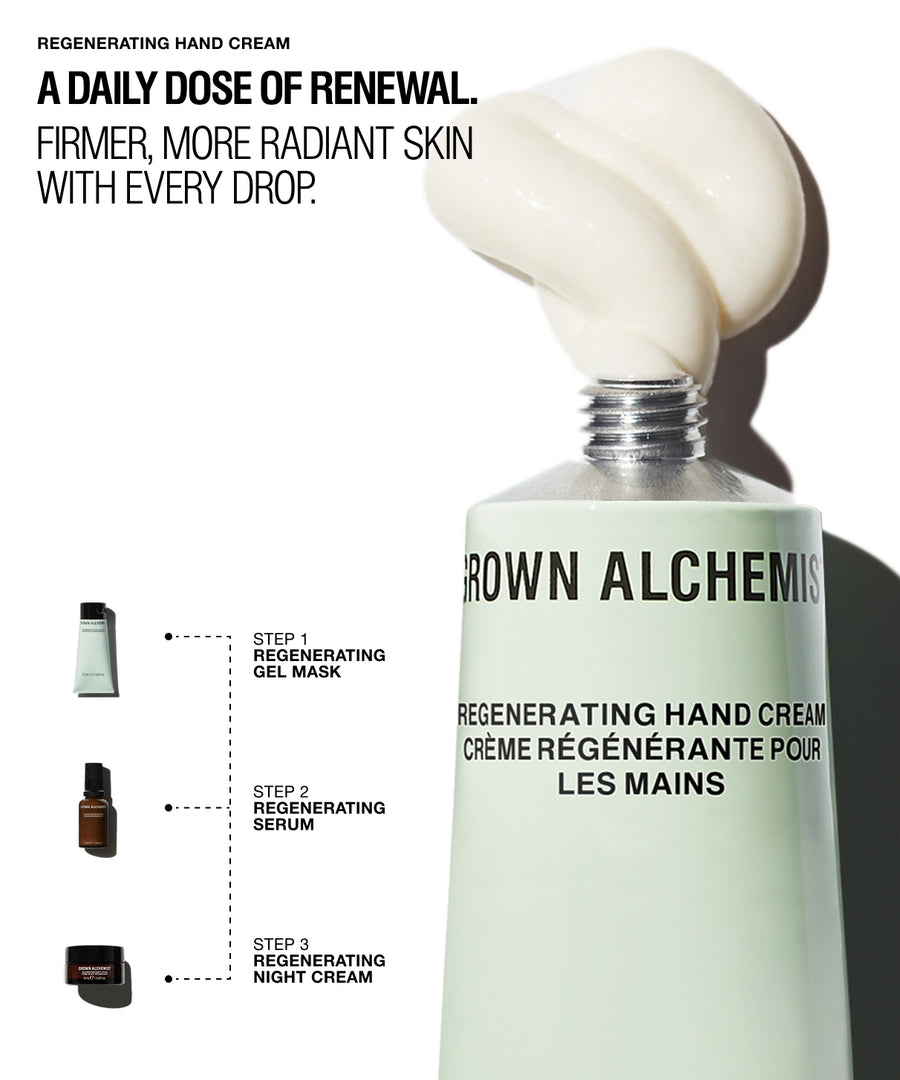 Grown Alchemist Regenerating Hand Cream in a pale mint green squeeze tube with a large dollop of thick off-white cream on top, shown on a white background with product callout graphics and text describing a daily dose of renewal.