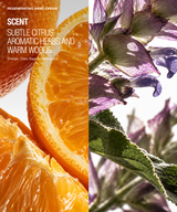 A fragrance/product graphic split vertically: the left half shows bright orange citrus slices with white text reading 'REGENERATING HAND CREAM' and 'SCENT SUBTLE CITRUS, AROMATIC HERBS AND WARM WOODS Orange, Clary Sage, Cedarwood.' The right half shows close-up purple flowers and green leaves against a bright white background.