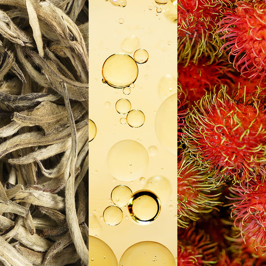 Three images: dried tea leaves, oil droplets on a yellow background, and rambutan fruit.