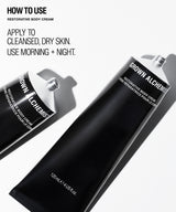 Two black tubes of Grown Alchemist Restorative Body Cream on a white background with 'HOW TO USE' text on the left.