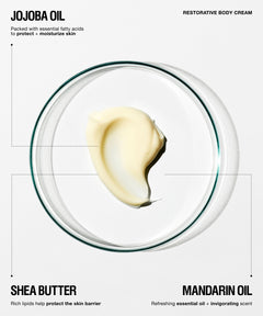 A clean, minimalist product graphic for Jojoba Oil Restorative Body Cream. The design features a central clear glass dish containing a swirl of pale yellow cream, flanked by text labels for 'JOJOBA OIL', 'RESTORATIVE BODY CREAM', 'SHEA BUTTER', and 'MANDARIN OIL' on a solid white background.