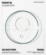 A clear glass petri dish containing transparent rosehip oil, presented on a light gray background with text overlays highlighting ingredients like sea buckthorn and tamanu.