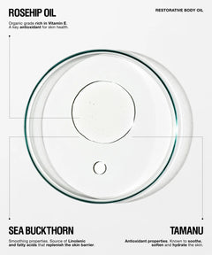 A clear glass petri dish containing transparent rosehip oil, presented on a light gray background with text overlays highlighting ingredients like sea buckthorn and tamanu.