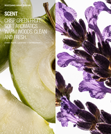 Scent concept graphic for a green apple and lavender hand dream, featuring a split screen with sliced green apple on the left and purple lavender flowers on the right, with text overlay reading 'SCENT CRISP GREEN FRUIT. SOFT AROMATICS.