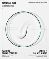 A clean, graphic product presentation of a resurfacing body lotion. The image features a thick, glossy white cream swirl inside a clear glass petri dish, set against a solid white background with black text detailing the ingredients: 'Mandelic Acid' and 'Lactic + Salicylic Acid'.