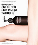 A promotional skincare ad showing a dark brown pump bottle labeled GROWN ALCHEMIST, partially obscured by a person's bare torso and arm against a white background with large marketing text.