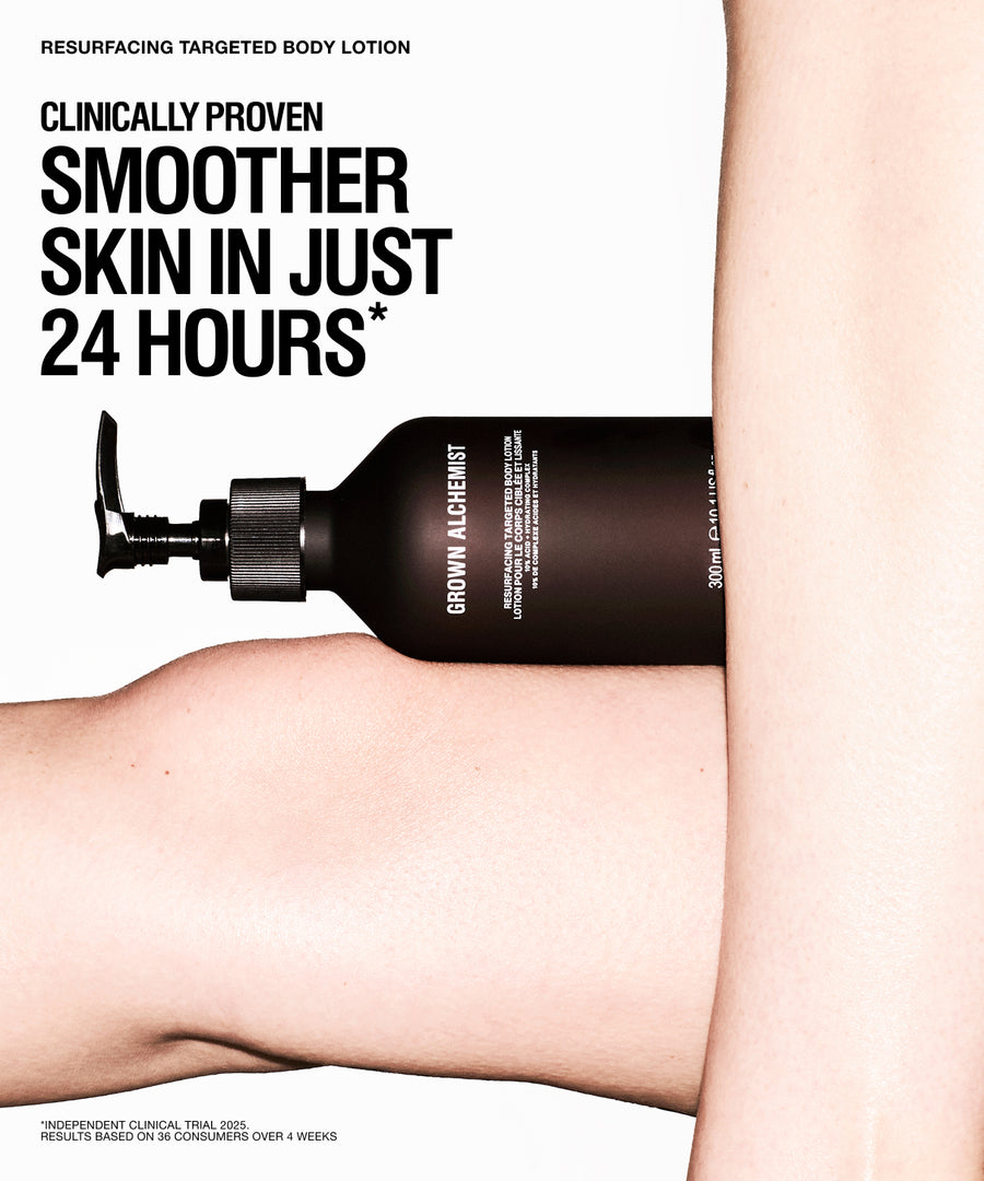 A promotional skincare ad showing a dark brown pump bottle labeled GROWN ALCHEMIST, partially obscured by a person's bare torso and arm against a white background with large marketing text.