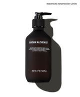 A 300 mL pump bottle of Grown Alchemist Resurfacing Targeted Body Lotion, shown in a dark frosted glass style with white text, casting a prominent shadow on a white background.