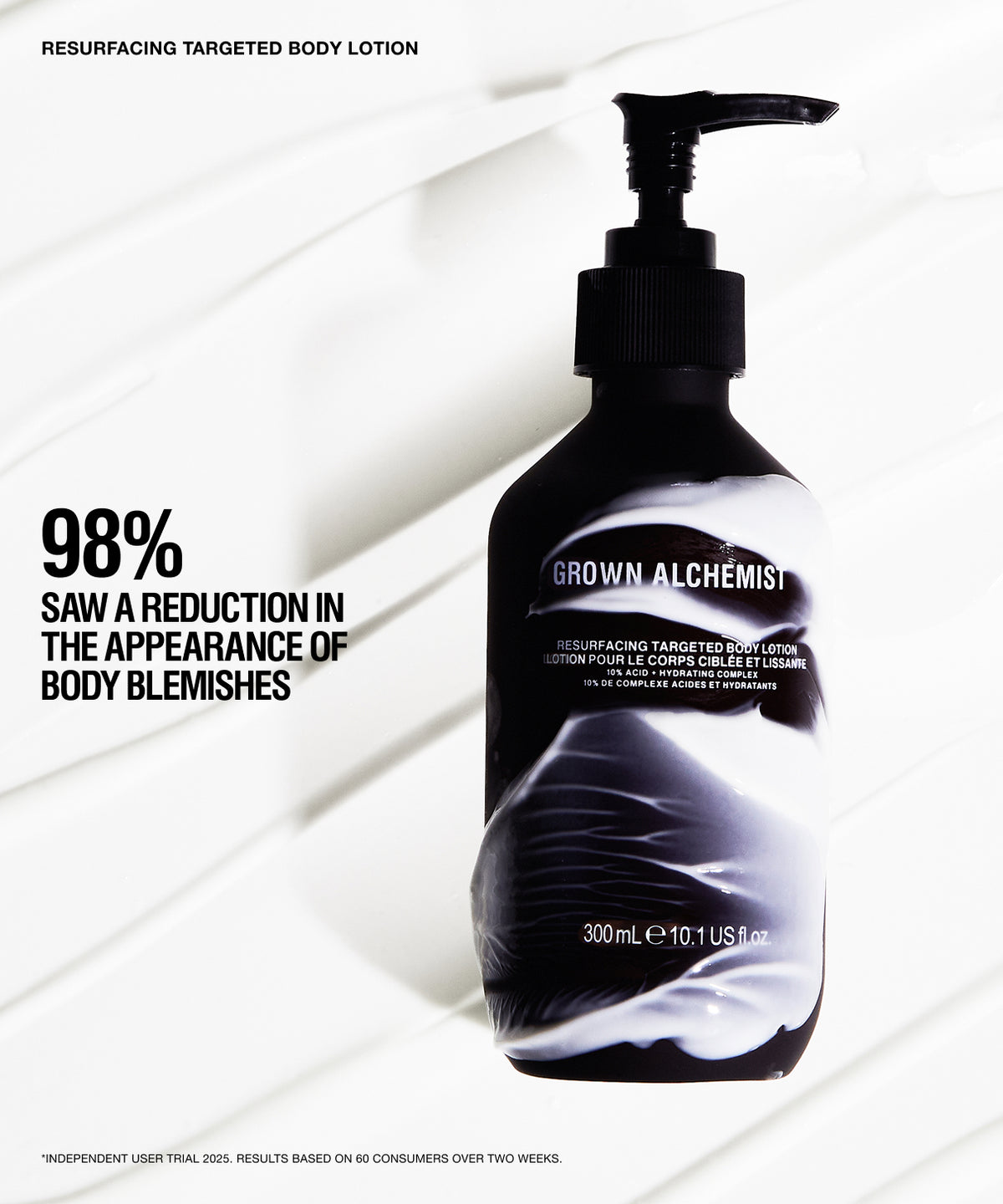 A pump bottle of Grown Alchemist Resurfacing Targeted Body Lotion on a white background with abstract curved lines and promotional text on the left.