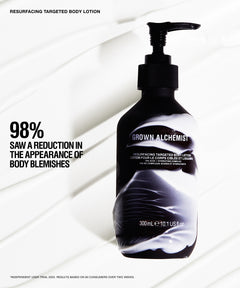 A pump bottle of Grown Alchemist Resurfacing Targeted Body Lotion on a white background with abstract curved lines and promotional text on the left.