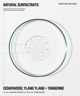 A clean, minimalist product graphic for a hand wash. The center features a top-down view of a clear glass bowl containing a clear liquid with tiny suspended dark specks.
