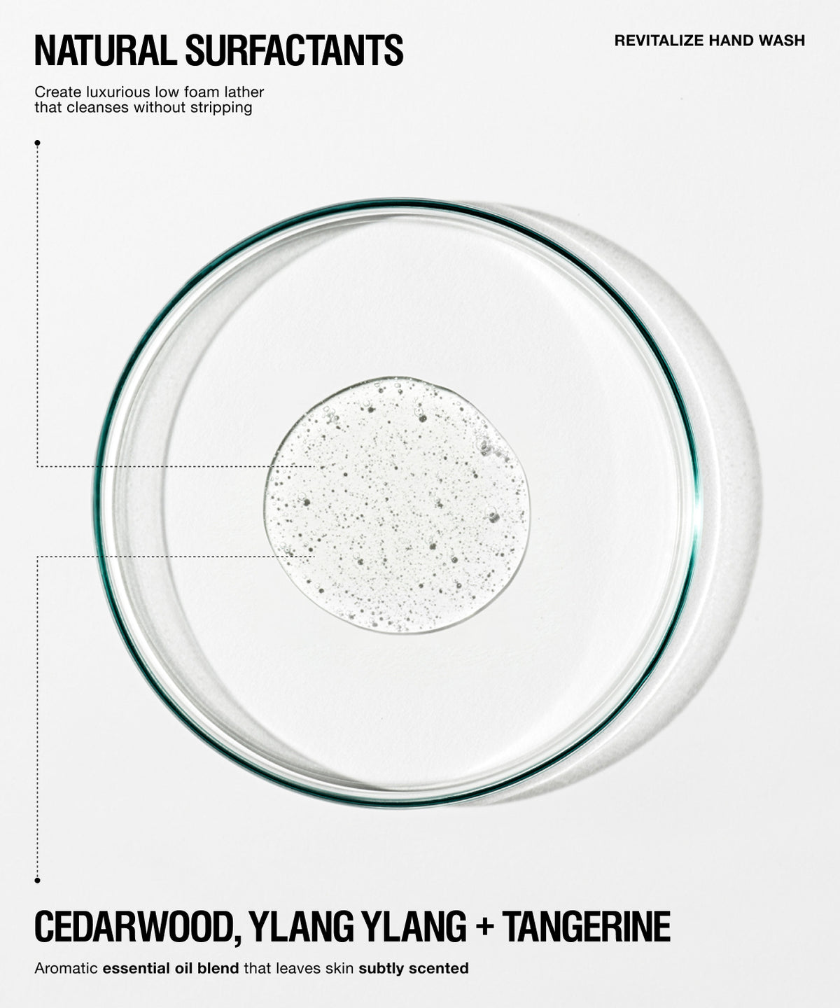 A clean, minimalist product graphic for a hand wash. The center features a top-down view of a clear glass bowl containing a clear liquid with tiny suspended dark specks.