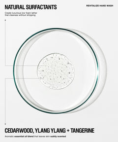 A clean, minimalist product graphic for a hand wash. The center features a top-down view of a clear glass bowl containing a clear liquid with tiny suspended dark specks.