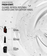 Promotional graphic for a hand wash set with three product containers shown on the left against a white background with water droplets and a large swirl of translucent liquid. Text reads 'REVITALIZE HAND WASH', 'FRESH START.