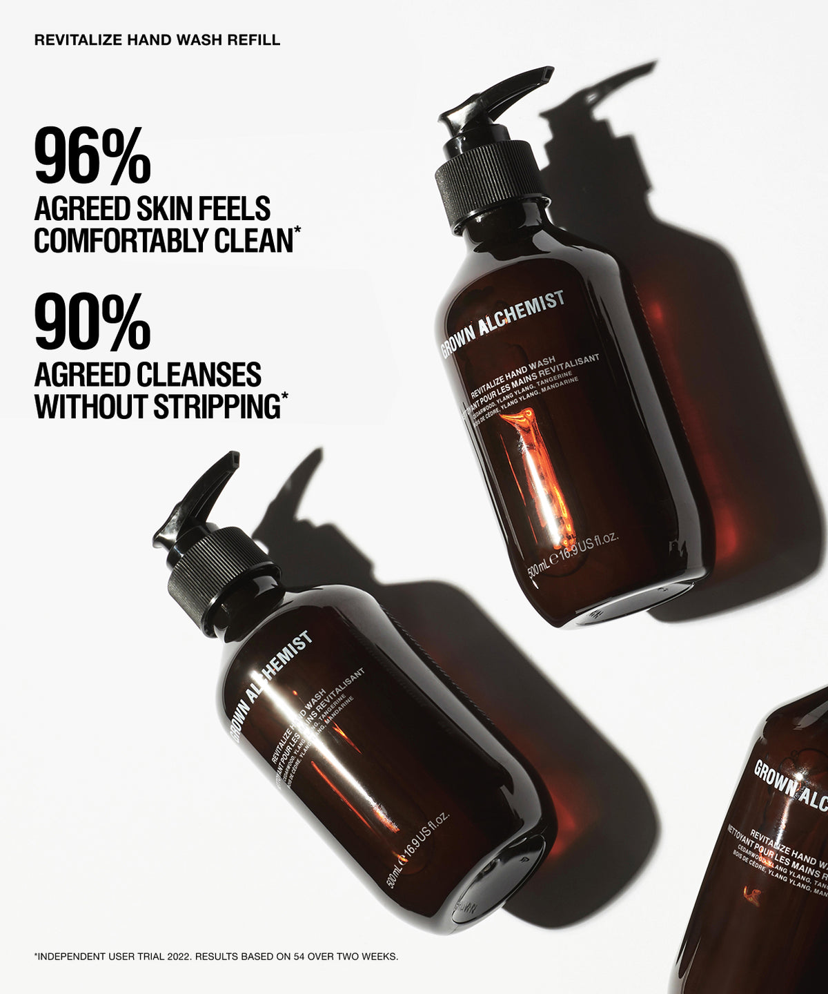 Three dark amber pump bottles of Grown Alchemist Revitalize Hand Wash arranged diagonally on a white background with bold black marketing text on the left.