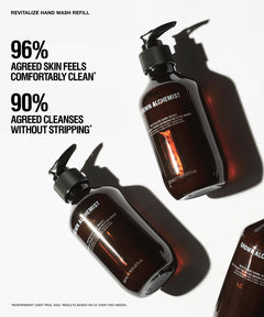 Three dark amber pump bottles of Grown Alchemist Revitalize Hand Wash arranged diagonally on a white background with bold black marketing text on the left.