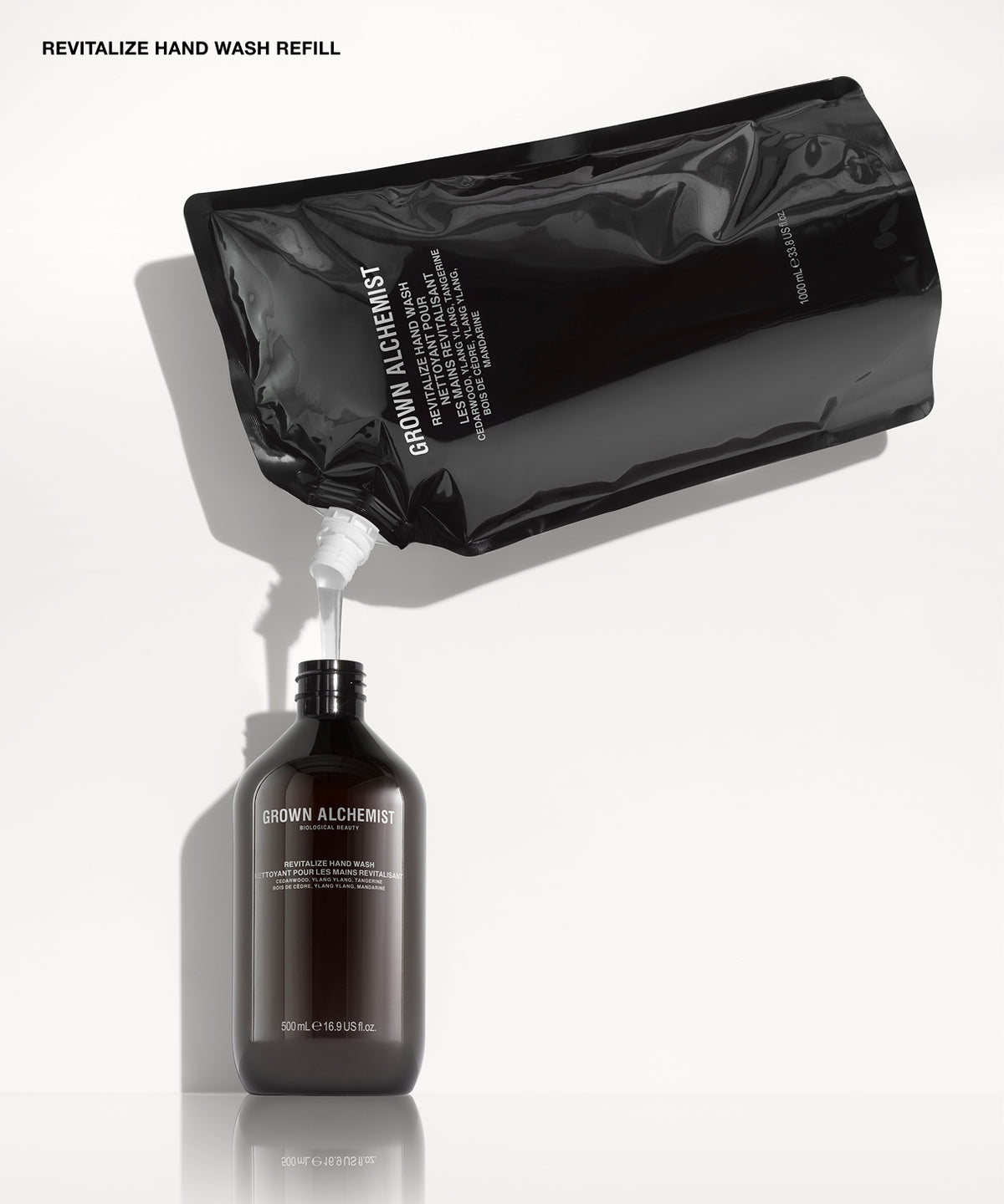 A black refill pouch labeled GROWN ALCHEMIST pouring white liquid into a dark brown bottle also labeled GROWN ALCHEMIST, on a clean white background with text reading 'REVITALIZE HAND WASH REFILL' at the top.