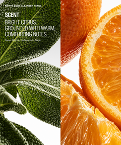 Scent label artwork for a facial cleanser refill, split vertically: the left half shows green sage leaves with text reading 'BRIGHT CITRUS, GROUNDED WITH WARM, COMFORTING NOTES' and 'Sweet Orange, Ciderwood + Sage.' The right half shows close-up orange slices on a white background.