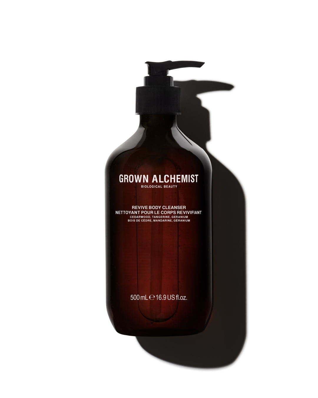 Brown bottle with pump labeled 'Grown Alchemist' on a white background