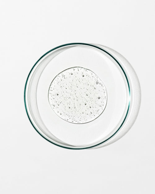 Clear glass bowl with a textured clear liquid on a white background