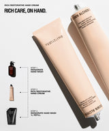 A promotional graphic for Rich Restorative Hand Cream, showing two beige squeeze tubes at an angle with product steps and smaller accessory bottles on a light gray background.
