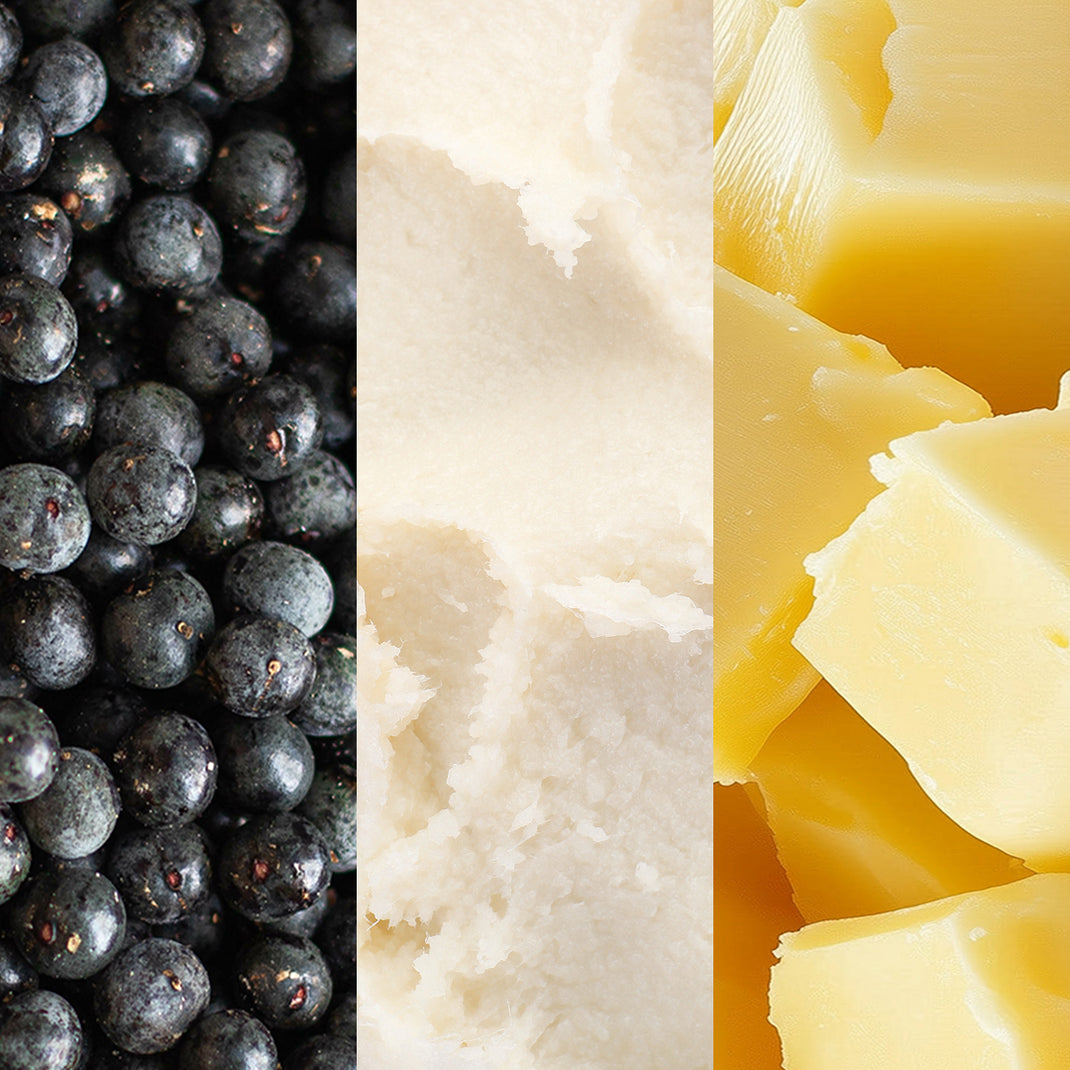 Collage of black berries, white cream, and yellow butter.