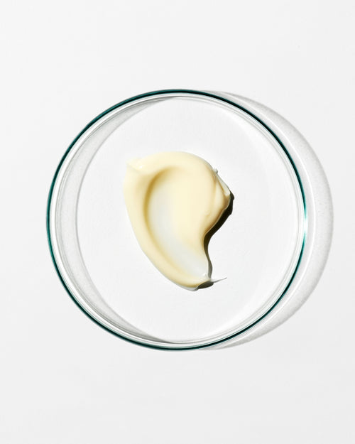 Glass bowl with a dollop of cream on a white background