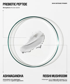 A clean, minimalist product graphic for a skincare primer. The central subject is a clear circular petri dish containing a white cream swatch with a dark green rim.