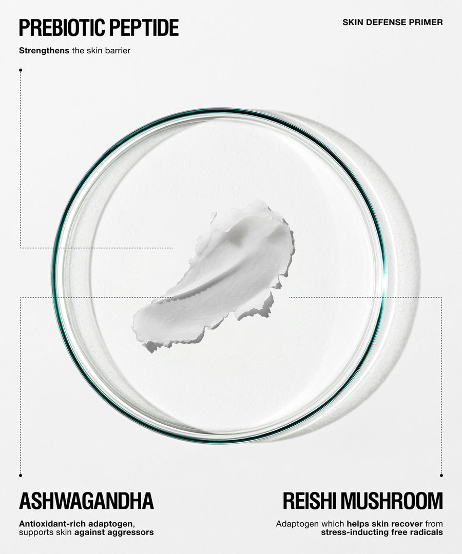 A clean, minimalist product graphic for a skincare primer. The central subject is a clear circular petri dish containing a white cream swatch with a dark green rim.