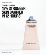A squeeze tube of Grown Alchemist Skin Defense Primer on a clean white background, with large black marketing text on the left reading 'Clinically Proven 18% Stronger Skin Barrier in 12 Hours*'.