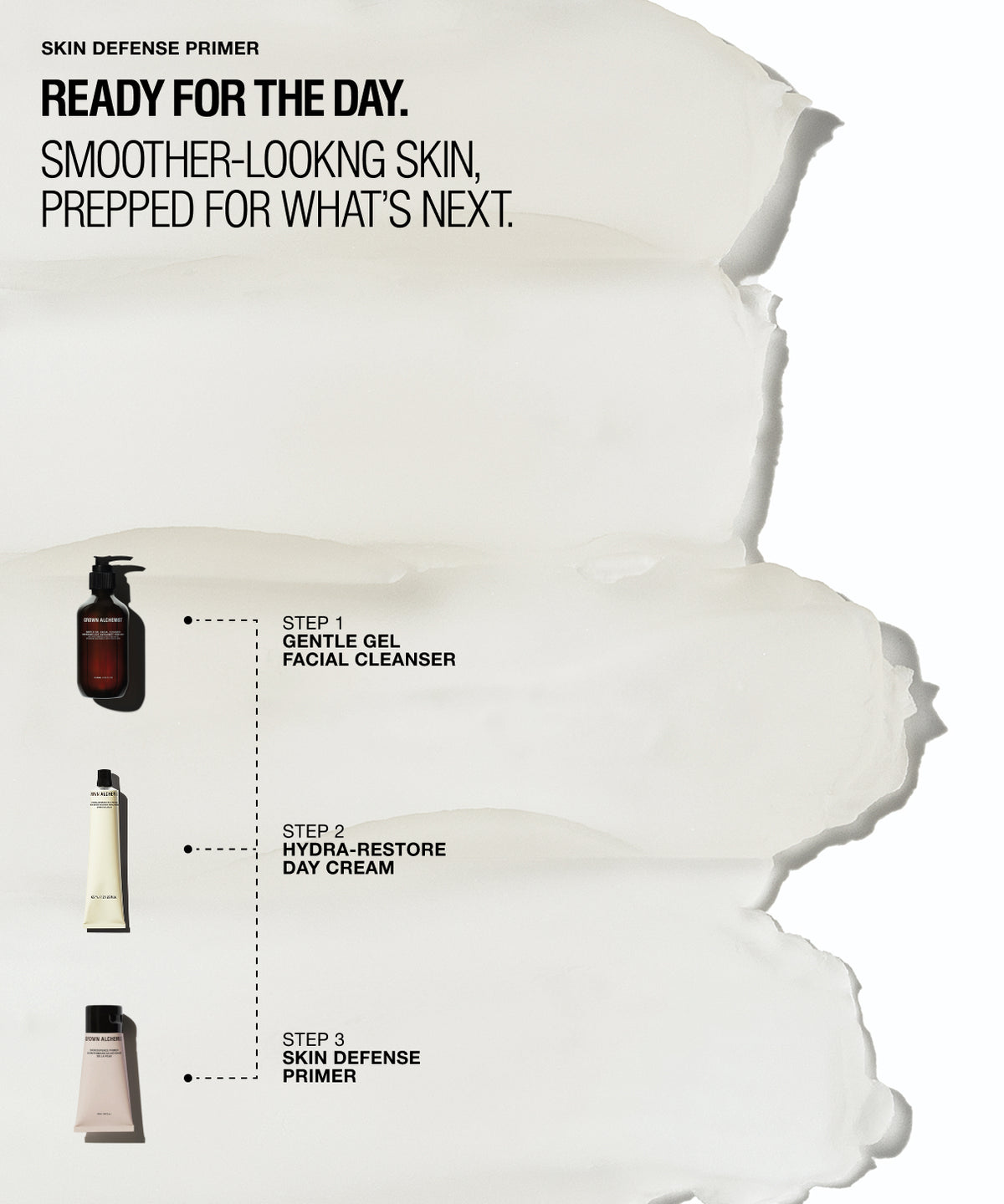 Promotional skincare graphic for Skin Defense Primer showing three product steps on a white background with a torn-paper effect. Text reads: 'READY FOR THE DAY.
