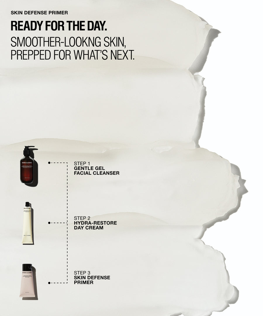 Promotional skincare graphic for Skin Defense Primer showing three product steps on a white background with a torn-paper effect. Text reads: 'READY FOR THE DAY.