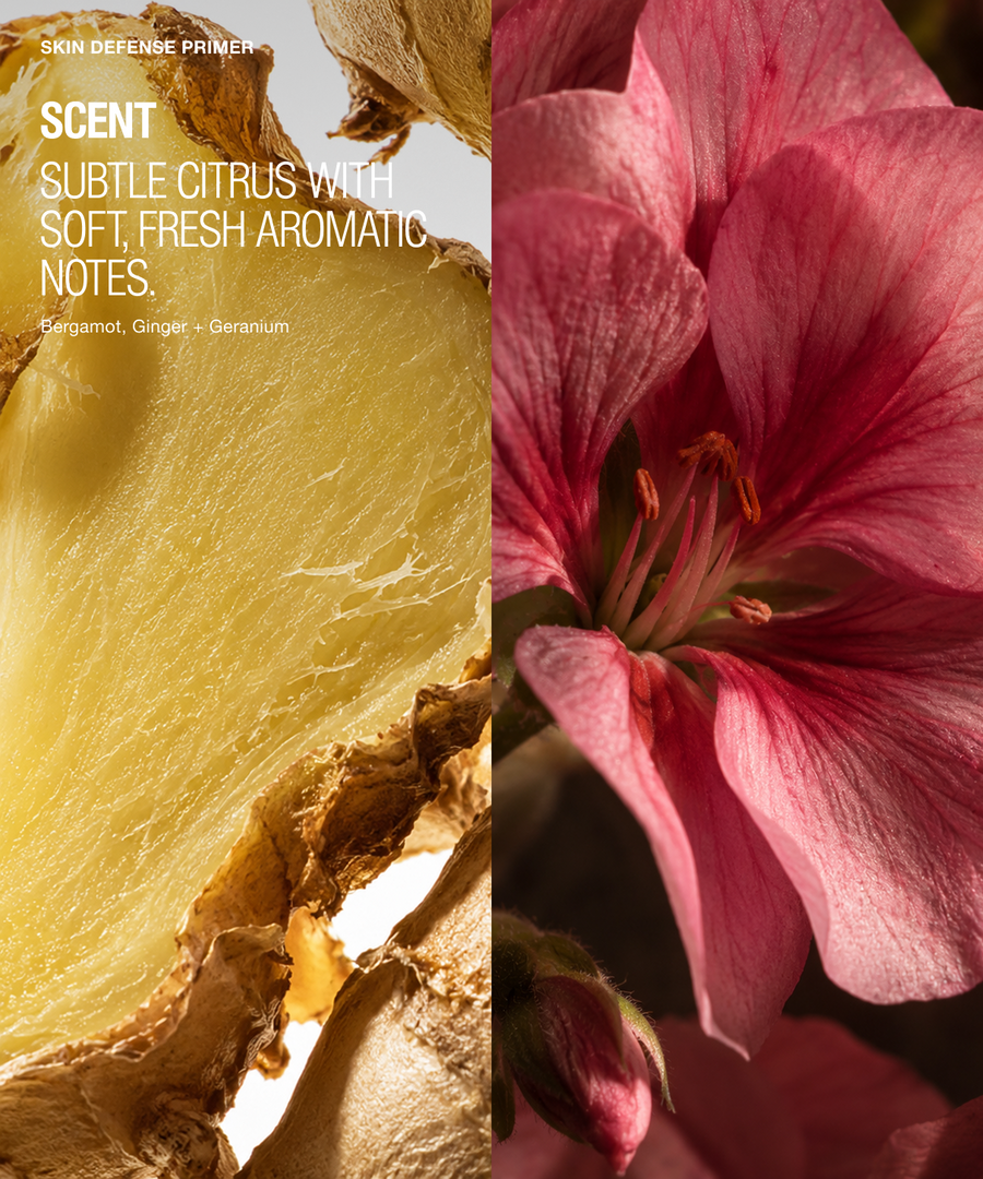 A split visual for a skin defense primer: the left half shows a close-up of translucent golden-yellow wax or resin with text reading 'SCENT SUBTLE CITRUS WITH SOFT, FRESH AROMATIC NOTES' and 'Selenium, Ginger - Geranium.' The right half shows a close-up of a pink flower bloom.