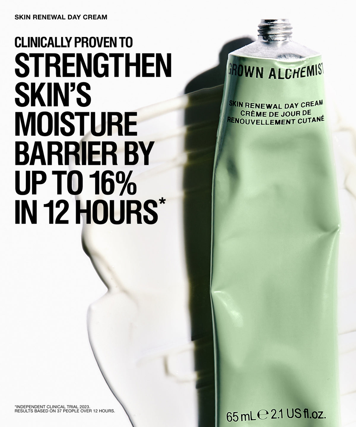 A tube of Skin Renewal Day Cream in a pale mint green color, shown on a white background with a large abstract smear of the cream and bold black text describing clinical results.