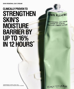 A tube of Skin Renewal Day Cream in a pale mint green color, shown on a white background with a large abstract smear of the cream and bold black text describing clinical results.
