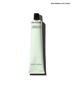 A squeeze tube of Rowin Alchemy Skin Renewal Day Cream with a black cap, shown on a clean white background with a soft shadow.