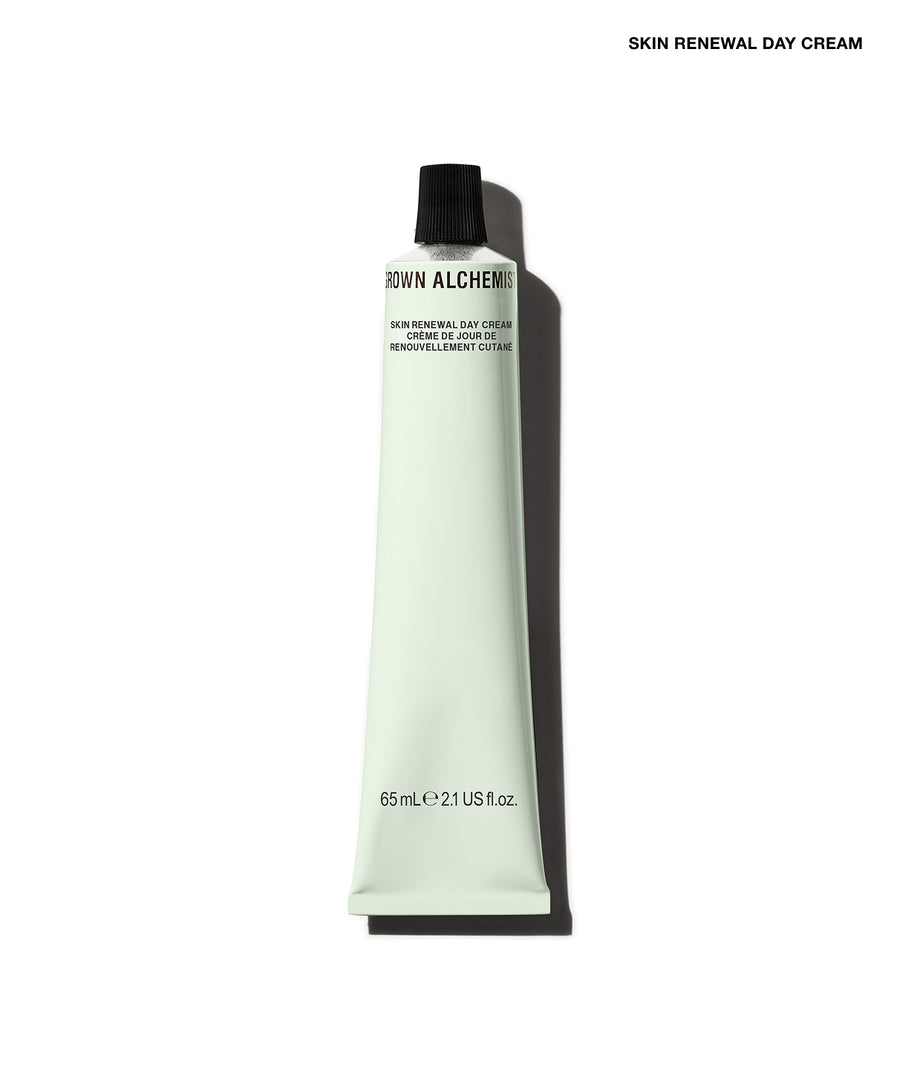A squeeze tube of Rowin Alchemy Skin Renewal Day Cream with a black cap, shown on a clean white background with a soft shadow.