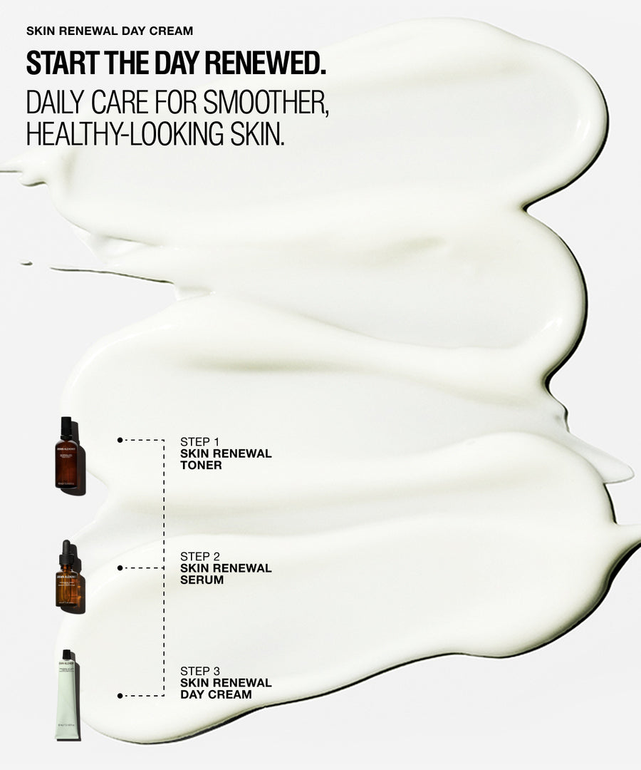 A skincare marketing graphic on a light gray background featuring a large white cream smear and black text reading 'SKIN RENEWAL DAY CREAM' and 'START THE DAY RENEWED. DAILY CARE FOR SMOOTHER, HEALTHY-LOOKING SKIN.