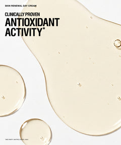 A clean skincare graphic with large translucent beige liquid droplets on a white background and bold black text reading 'SKIN RENEWAL DAY CREAM' and 'ANTIOXIDANT ACTIVITY'.