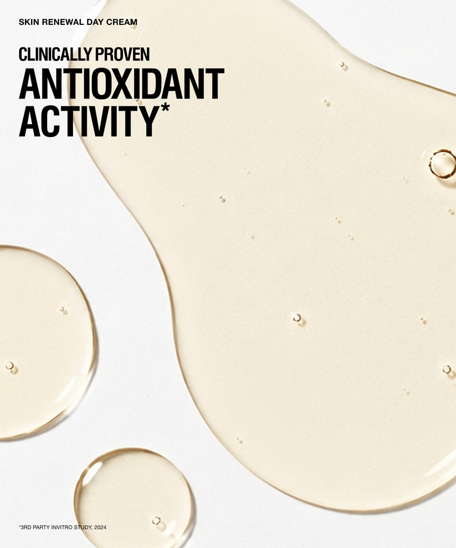 A clean skincare graphic with large translucent beige liquid droplets on a white background and bold black text reading 'SKIN RENEWAL DAY CREAM' and 'ANTIOXIDANT ACTIVITY'.