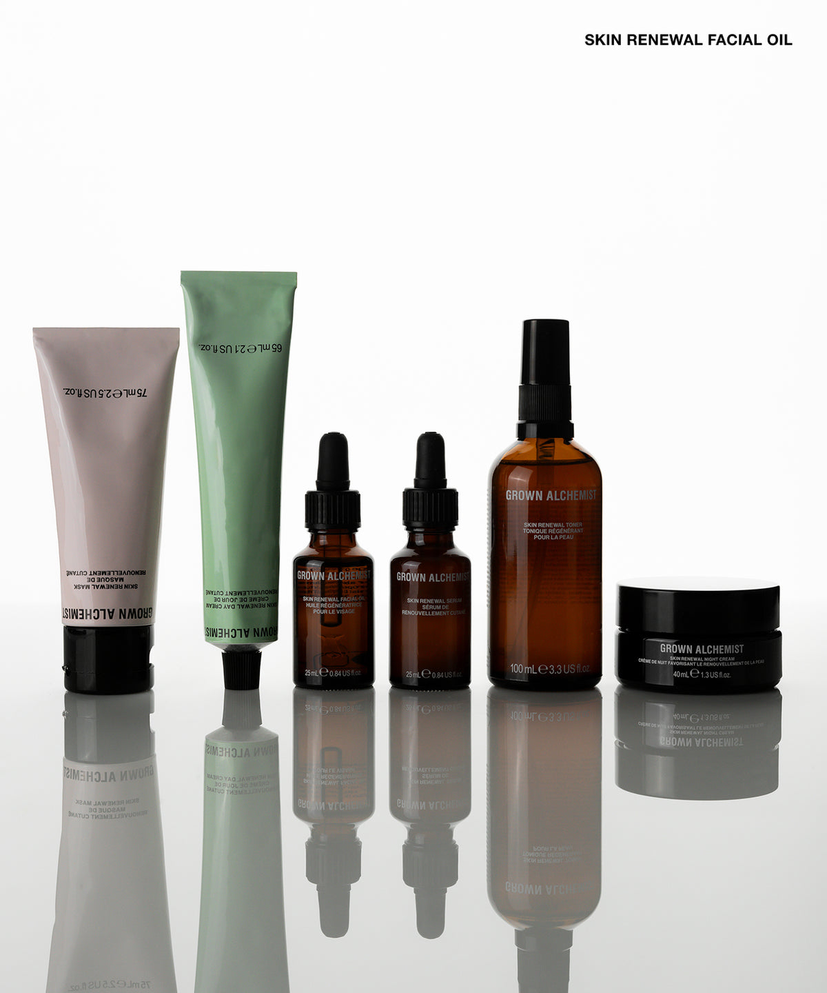 A six-piece skincare set from Serenity Wellness arranged on a reflective white surface against a white background. The set includes a light pink tube, a sage green tube, two amber dropper bottles, an amber spray bottle, and a black jar, with the text 'SKIN RENEWAL FACIAL OIL' in the top right corner.