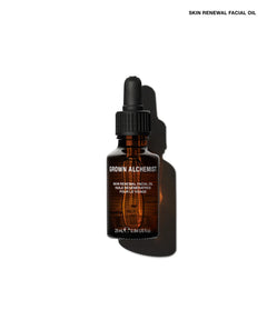 A 25ml amber glass dropper bottle of Grown Alchemist Skin Renewal Facial Oil, shown on a clean white background with a prominent cast shadow.