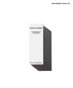 A tall white rectangular box labeled 'GROWN ALCHEMIST' and 'SKIN RENEWAL FACIAL OIL' on a clean white background, with a dark cast shadow to the right.