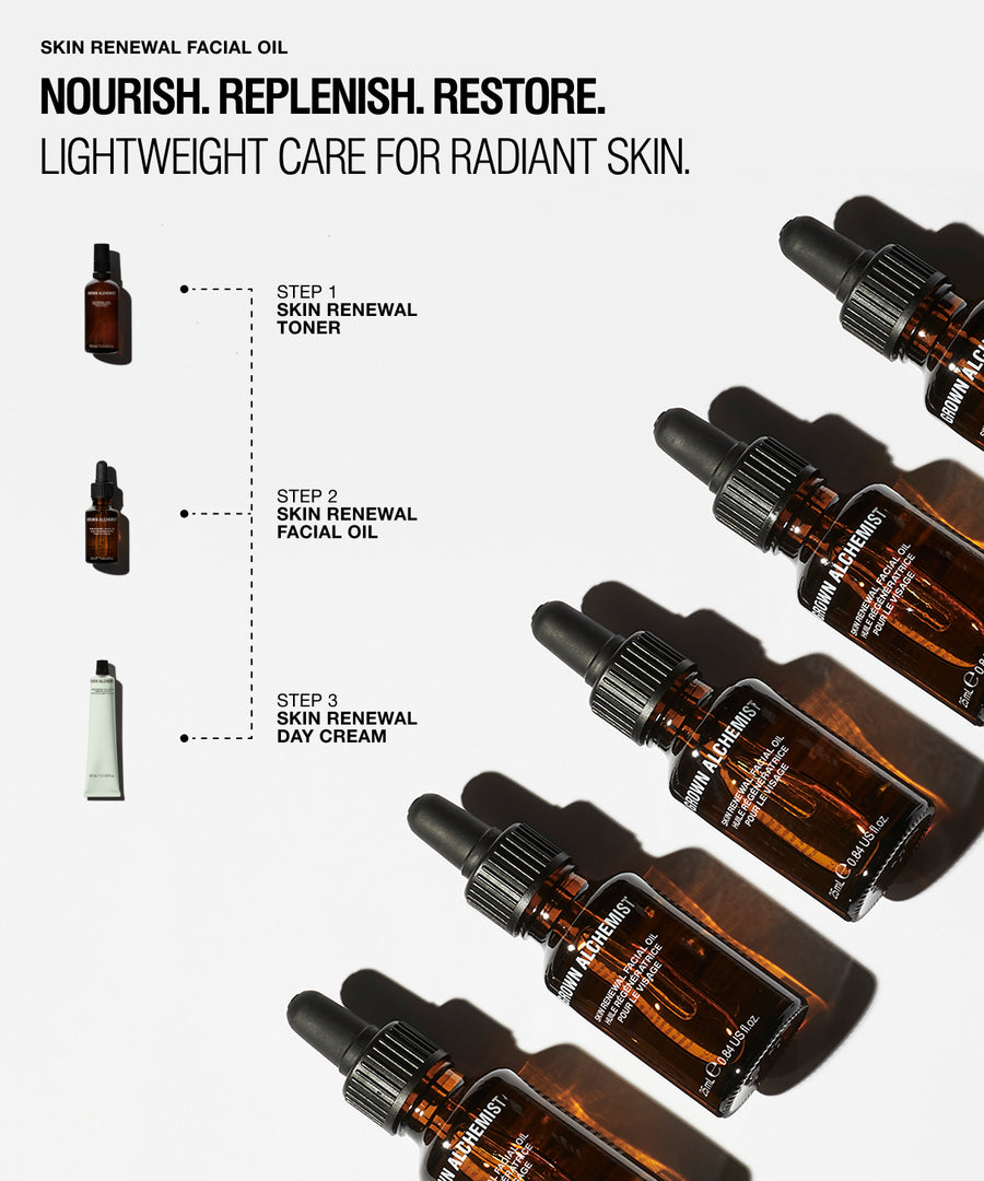 Promotional graphic for Skin Renewal Facial Oil showing multiple amber glass dropper bottles arranged diagonally on a light gray background, alongside text describing skincare steps and a small tube of day cream.
