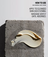 A product usage graphic for 'Skin Renewal Night Cream' showing a thick swatch of the cream on a textured gray stone slab against a white background, with instructions on how to apply it.