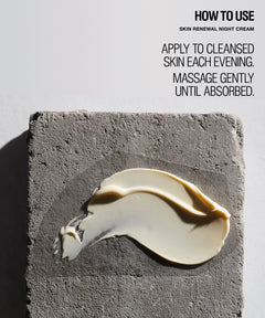 A product usage graphic for 'Skin Renewal Night Cream' showing a thick swatch of the cream on a textured gray stone slab against a white background, with instructions on how to apply it.