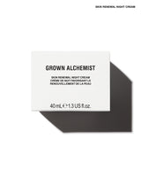 A white rectangular box for Grown Alchemist Skin Renewal Night Cream, shown on a white background with a dark gray shadow. The box features black text with the brand name 'GROWN ALCHEMIST' and product details.