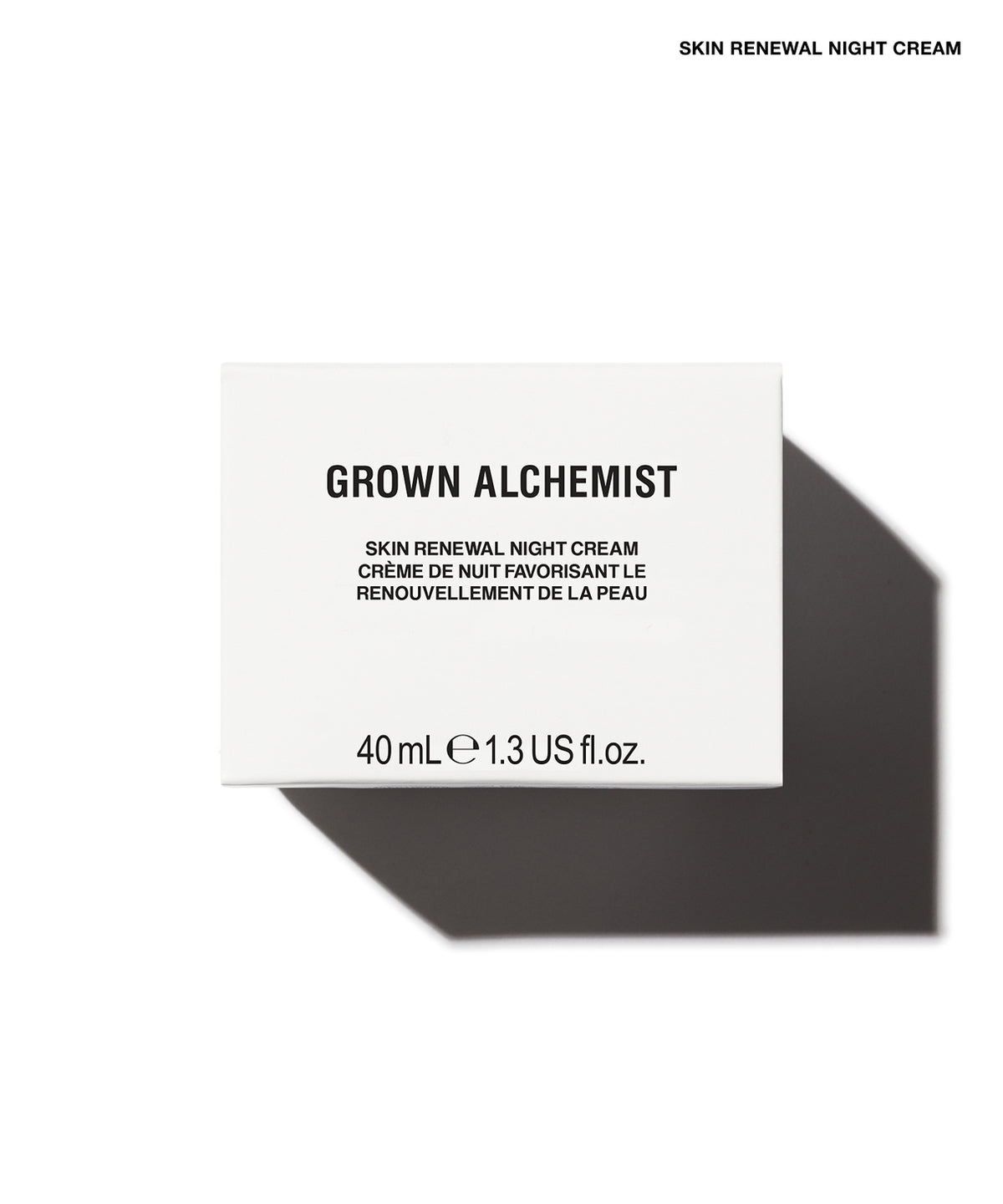 A white rectangular box for Grown Alchemist Skin Renewal Night Cream, shown on a white background with a dark gray shadow. The box features black text with the brand name 'GROWN ALCHEMIST' and product details.