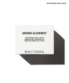 A white rectangular box for Grown Alchemist Skin Renewal Night Cream, shown on a white background with a dark gray shadow. The box features black text with the brand name 'GROWN ALCHEMIST' and product details.